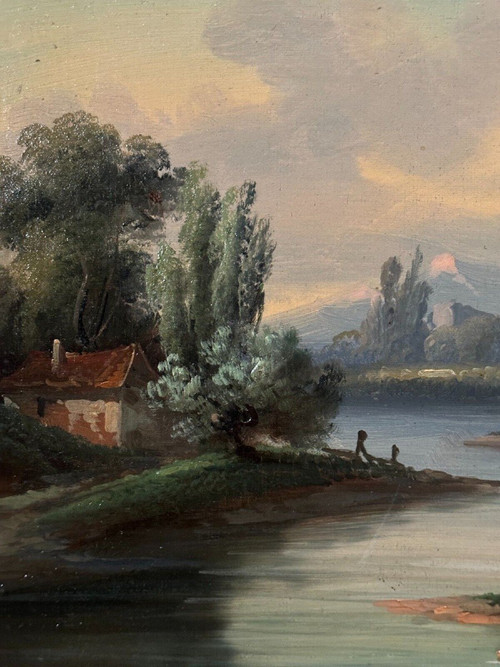 Huile sur toile paysage au bord d'un cours d'eau fin XIXe
