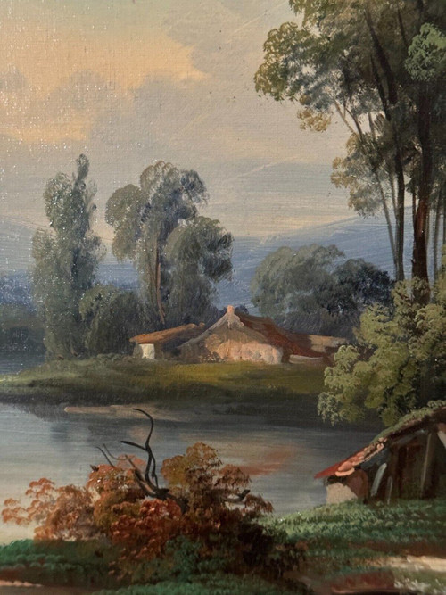 Huile sur toile paysage au bord d'un cours d'eau fin XIXe