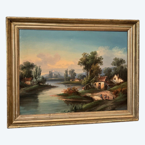 Huile sur toile paysage au bord d'un cours d'eau fin XIXe