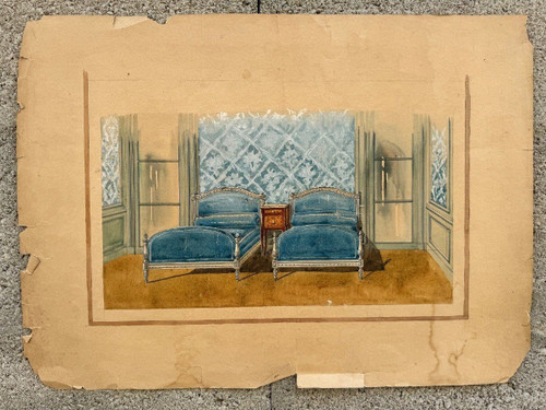 Gouache-Schlafzimmer-Innendekorationsprojekt im Louis XVI-Stil des 20. Jahrhunderts