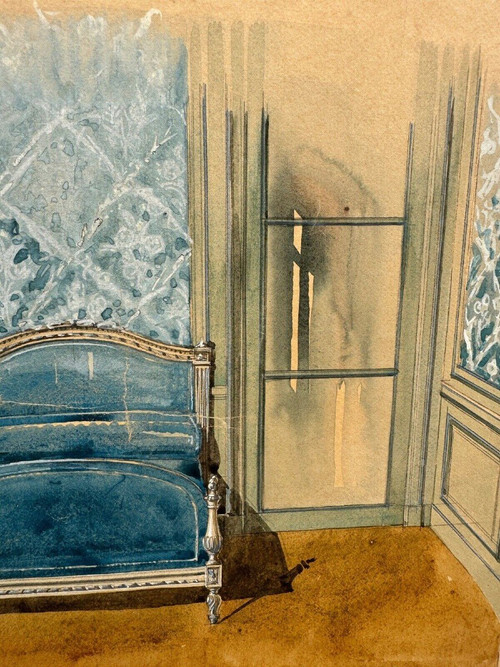 Gouache-Schlafzimmer-Innendekorationsprojekt im Louis XVI-Stil des 20. Jahrhunderts