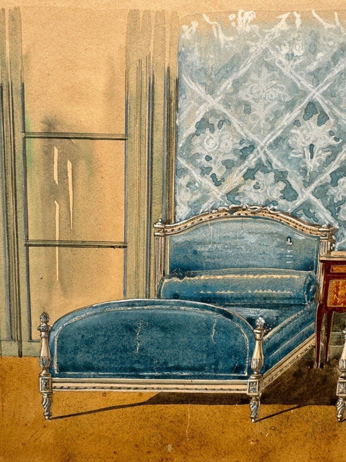 Gouache-Schlafzimmer-Innendekorationsprojekt im Louis XVI-Stil des 20. Jahrhunderts