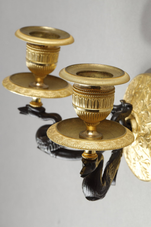 Small pair of two-light ormolu sconces with brown patina
