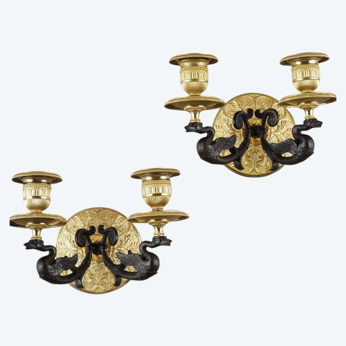 Small pair of two-light ormolu sconces with brown patina