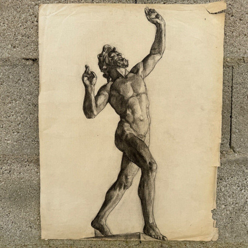 Academic nude in Antique style by Berger known as Lheureux Biloul charcoal 20th century