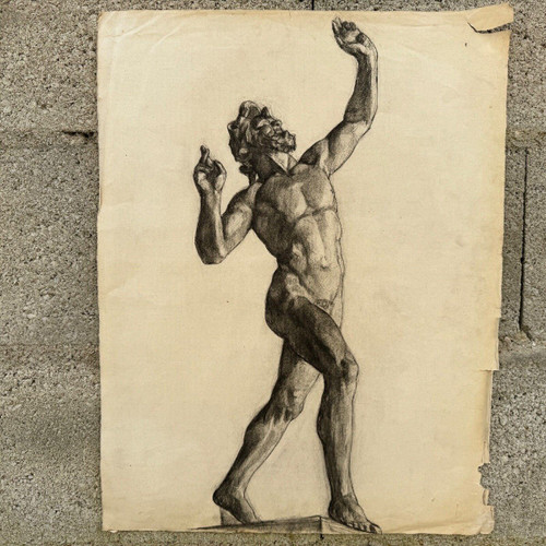 Academic nude in Antique style by Berger known as Lheureux Biloul charcoal 20th century
