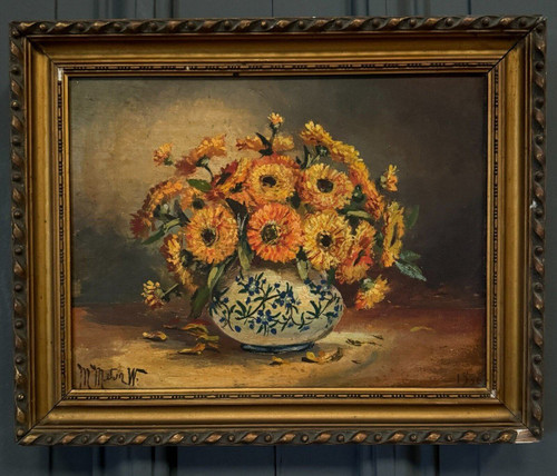 Öl auf Leinwand Stillleben Blumenstrauß 20. Jahrhundert M. Meton