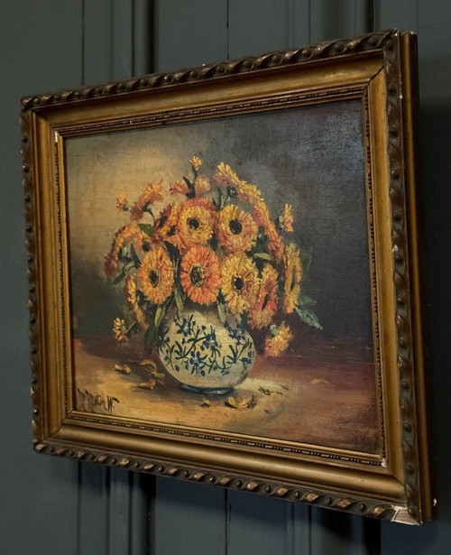 Öl auf Leinwand Stillleben Blumenstrauß 20. Jahrhundert M. Meton