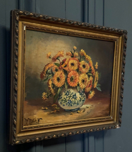 Öl auf Leinwand Stillleben Blumenstrauß 20. Jahrhundert M. Meton