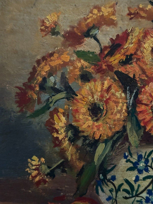 Öl auf Leinwand Stillleben Blumenstrauß 20. Jahrhundert M. Meton