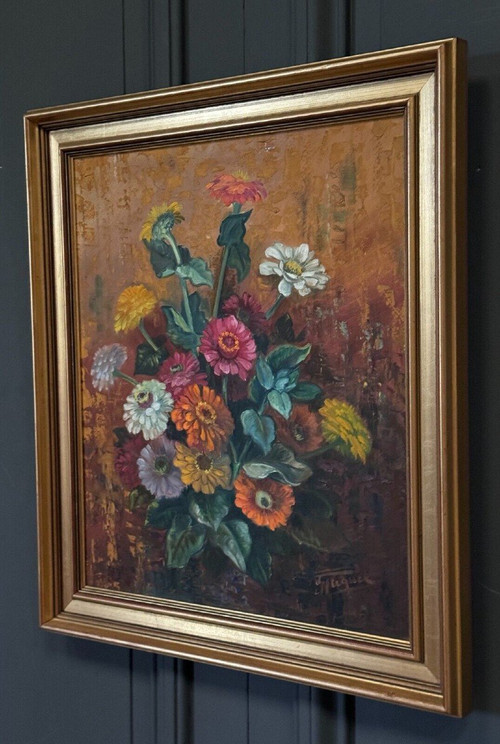 Olio su tavola di Picquet Natura morta mazzo di fiori XX secolo