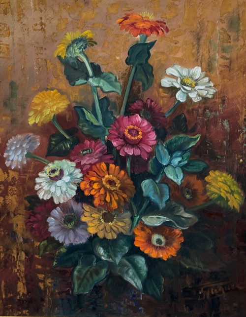 Olio su tavola di Picquet Natura morta mazzo di fiori XX secolo