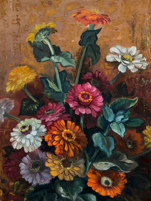 Olio su tavola di Picquet Natura morta mazzo di fiori XX secolo
