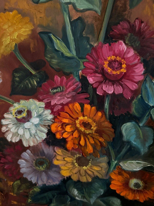 Olio su tavola di Picquet Natura morta mazzo di fiori XX secolo