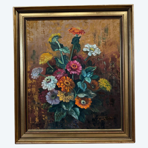 Olio su tavola di Picquet Natura morta mazzo di fiori XX secolo