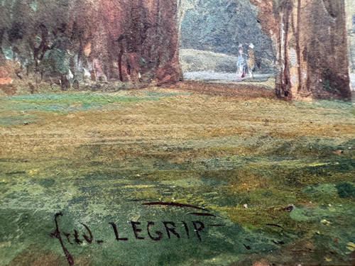 Aquarelle sur papier XIXe par Frédéric Legrip représentant un bord de canal