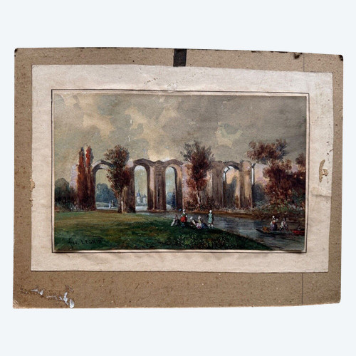 Aquarelle sur papier XIXe par Frédéric Legrip représentant un bord de canal