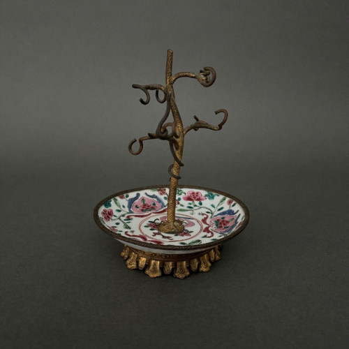 19th century bronze watch holder with naturalist decor and porcelain cup China