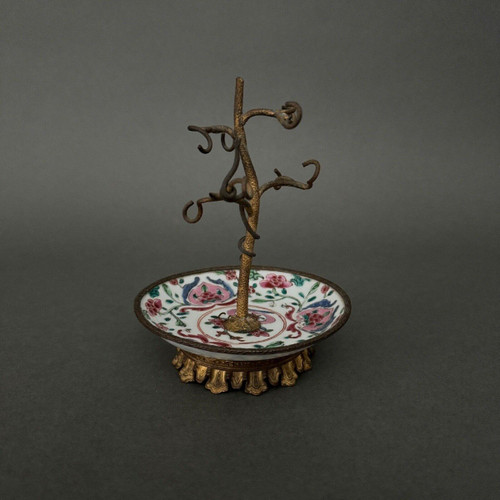 19th century bronze watch holder with naturalist decor and porcelain cup China
