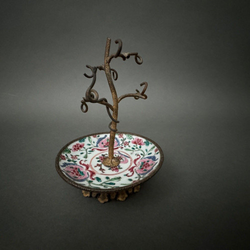 19th century bronze watch holder with naturalist decor and porcelain cup China