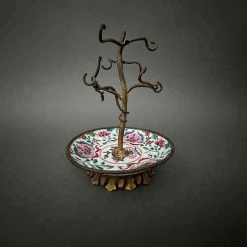 19th century bronze watch holder with naturalist decor and porcelain cup China