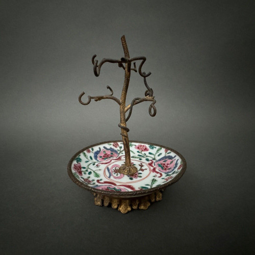 19th century bronze watch holder with naturalist decor and porcelain cup China