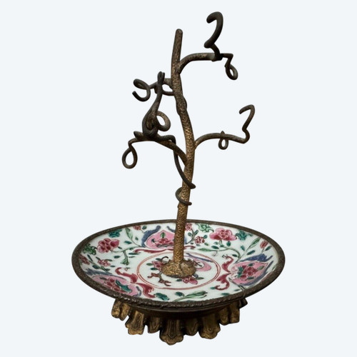 19th century bronze watch holder with naturalist decor and porcelain cup China