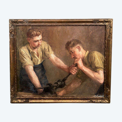 Öl auf Leinwand zwei Arbeiter bei der Arbeit 1930 von F. Saint Pasty