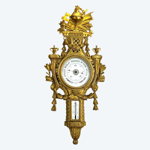 LARGE 18TH CENTURY BAROMETER/THERMOMETER IN CARVED AND GILT WOOD, LOUIS XVI PERIOD