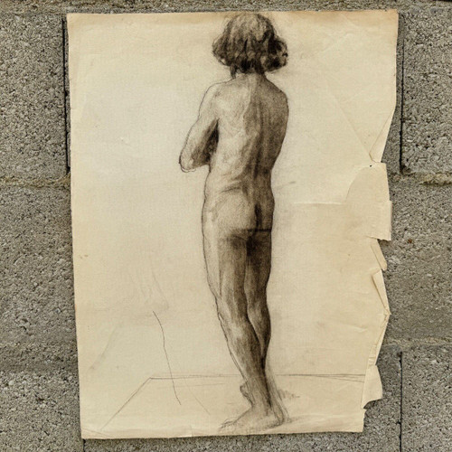 Academic nude by Berger dit Lheureux Biloul charcoal Beaux-Arts XXth century