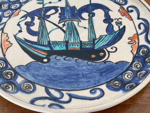 Iznik dish with caravel decoration, mid-20th century, marked CB