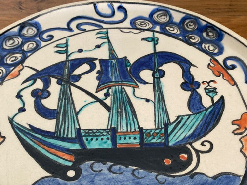 Iznik dish with caravel decoration, mid-20th century, marked CB