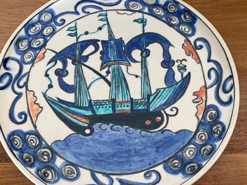 Iznik dish with caravel decoration, mid-20th century, marked CB
