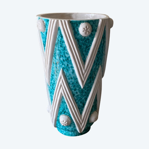 Sainte Radegonde. Large glazed ceramic vase. Art Deco-style geometric decoration.