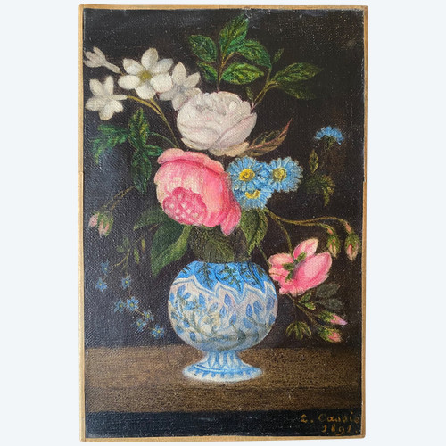 Natura morta del XIX secolo. Bouquet di fiori in un vaso. L. Cassier. Naïf.
