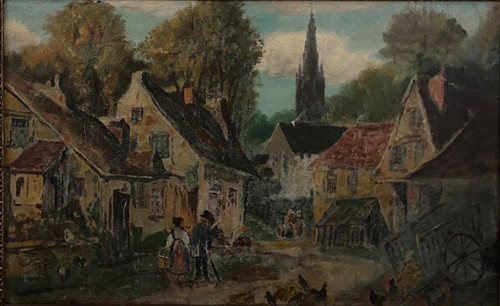 Huile sur panneau par G. Colin paysage breton scène de rue début XXe