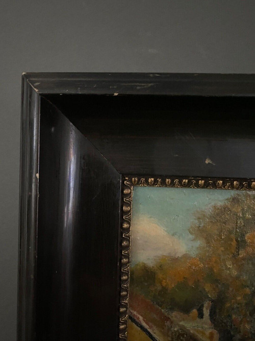 Huile sur panneau par G. Colin paysage breton scène de rue début XXe