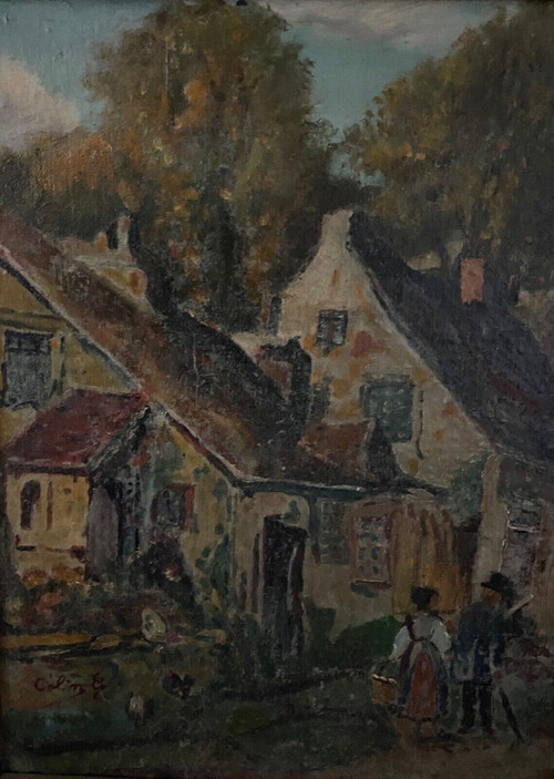 Huile sur panneau par G. Colin paysage breton scène de rue début XXe