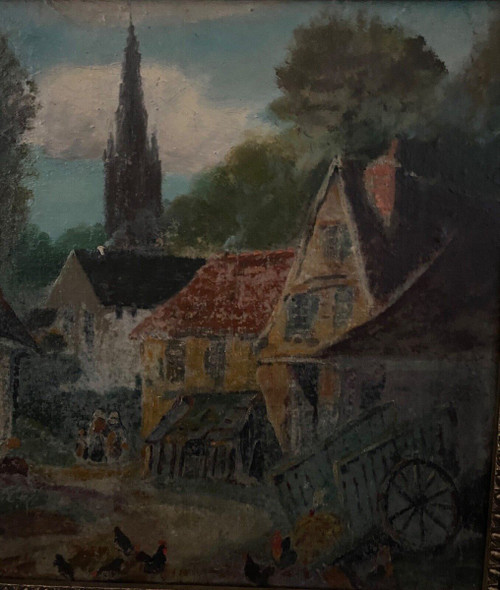 Huile sur panneau par G. Colin paysage breton scène de rue début XXe