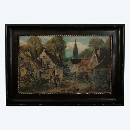 Huile sur panneau par G. Colin paysage breton scène de rue début XXe