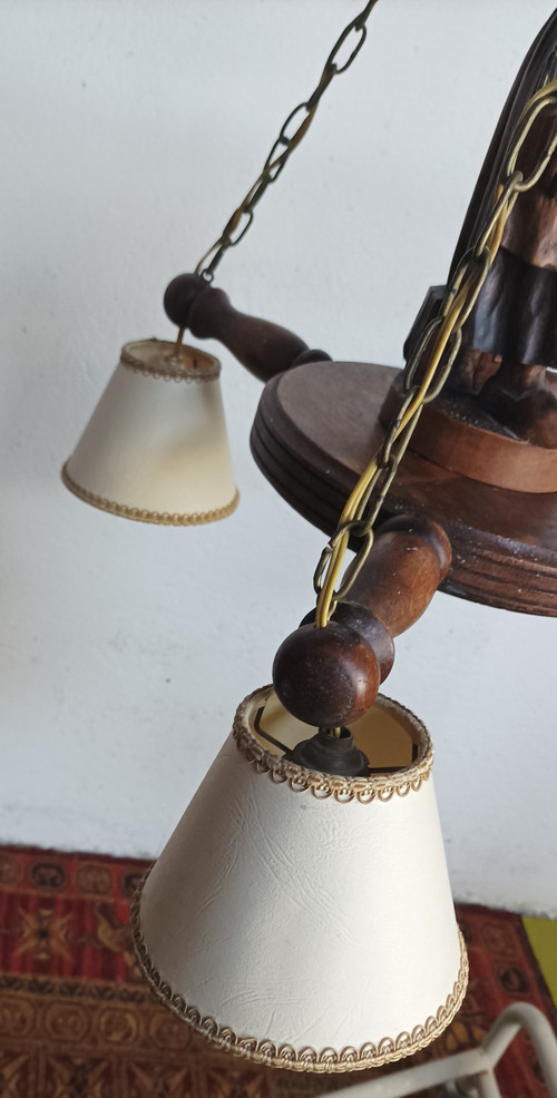 Carved oak Breton chandelier 1950