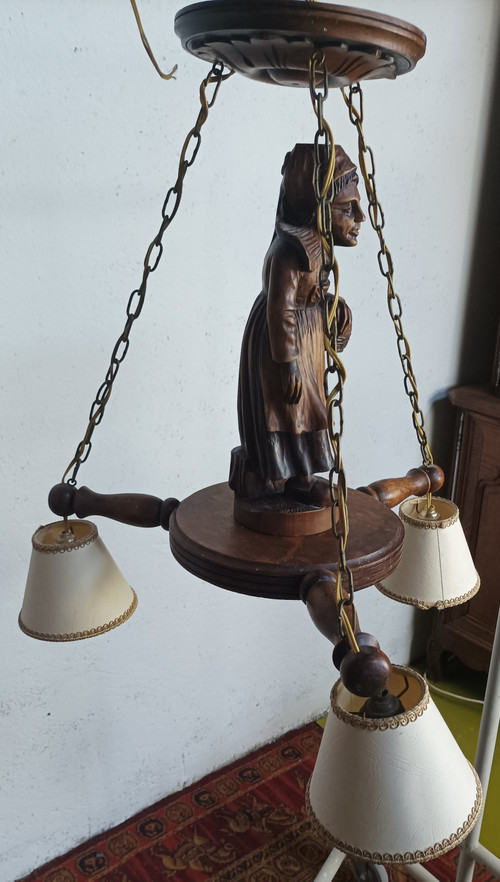 Carved oak Breton chandelier 1950