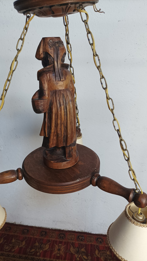 Carved oak Breton chandelier 1950