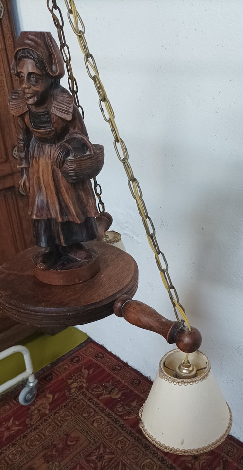 Carved oak Breton chandelier 1950