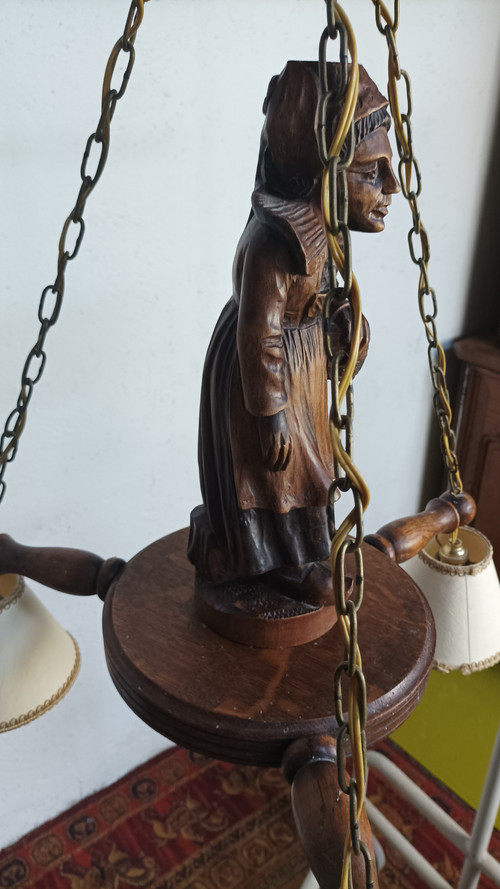 Carved oak Breton chandelier 1950