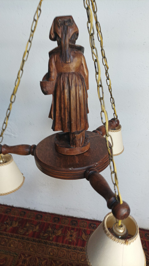 Carved oak Breton chandelier 1950
