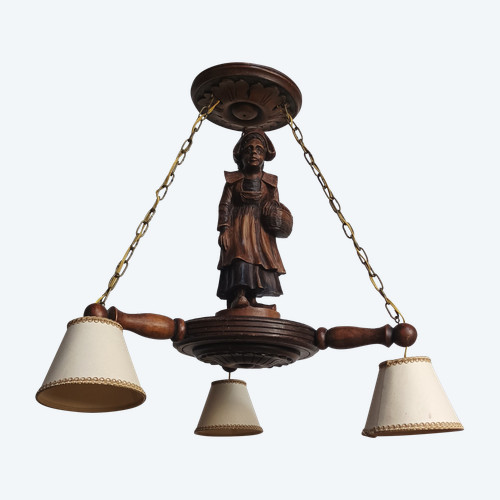 Carved oak Breton chandelier 1950