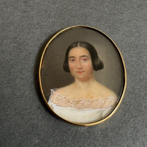 Hand-painted miniature of a woman by Bouvier, early 19th century