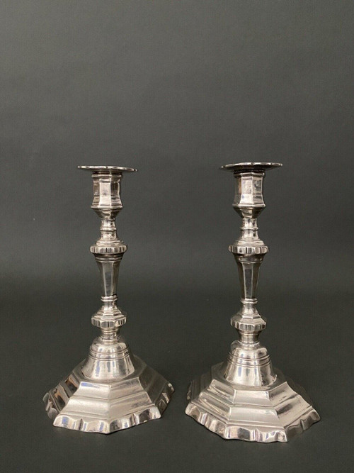Pair of silver-plated bronze candlesticks, Louis XV style, Maison Christofle, 19th century