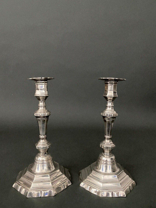 Pair of silver-plated bronze candlesticks, Louis XV style, Maison Christofle, 19th century
